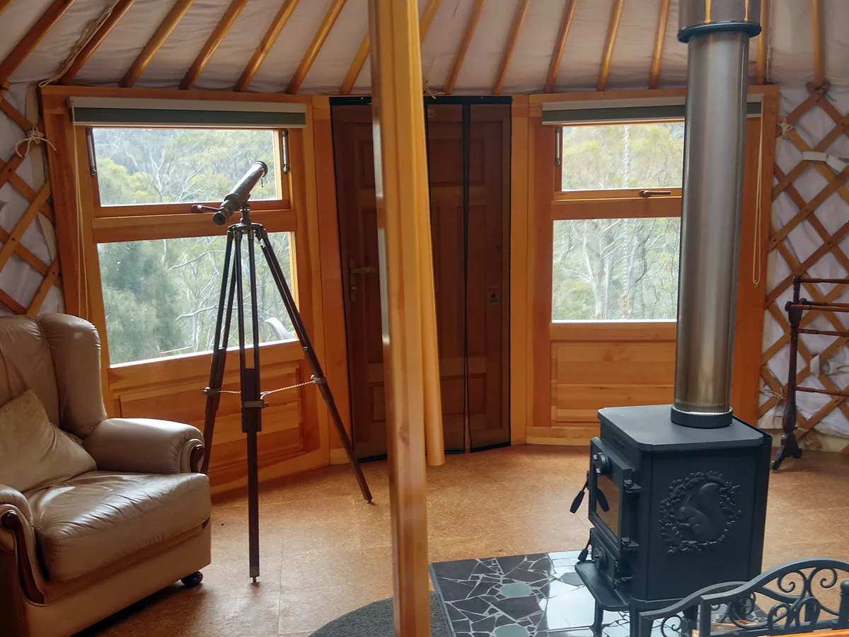 A stove placed in the center of a 19ft (5.8m) yurt