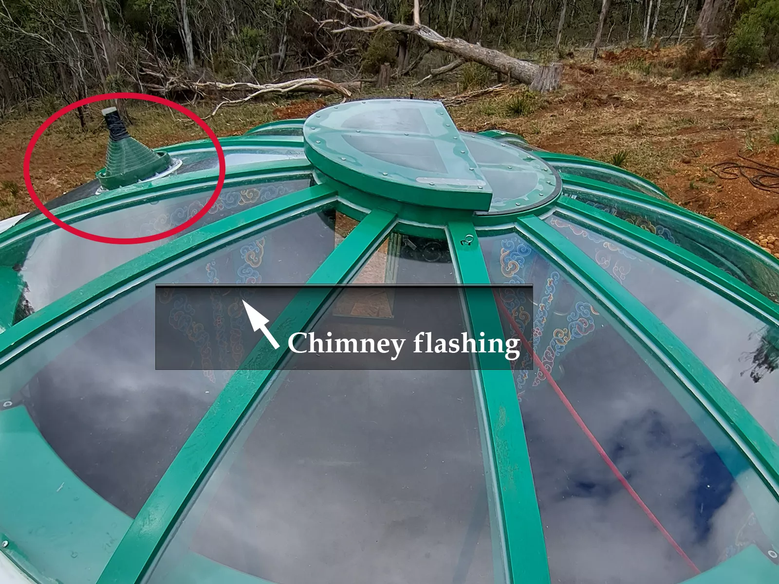 Chimney flashing in Mongolian yurt, from outside