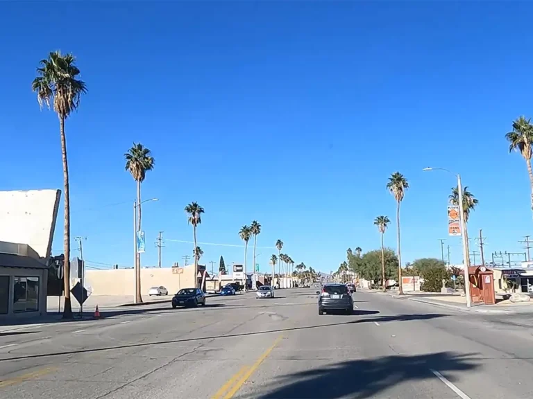 Street in desert town with Palm trees