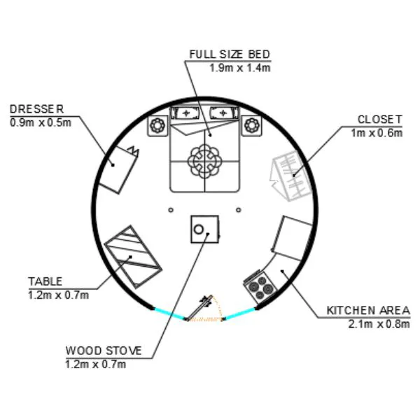 Yurt floor plan for yurt size comparison - 16ft / 4.9 meter yurt