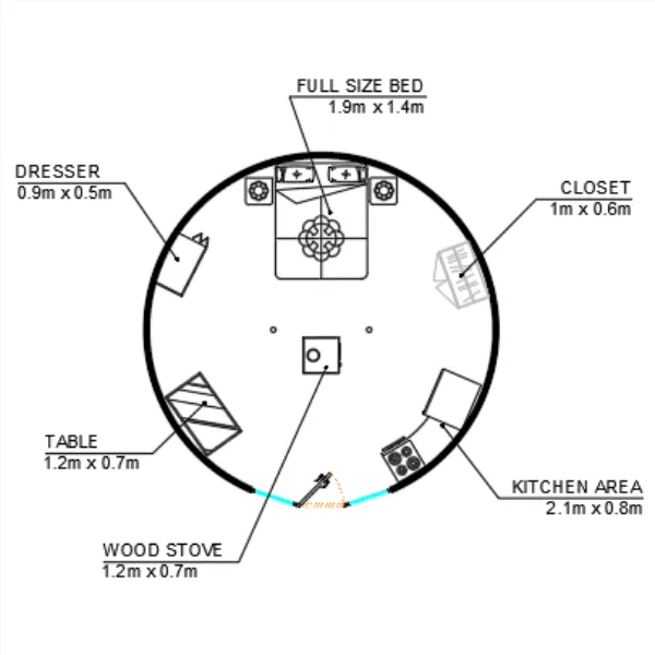 Yurt floor plan for yurt size comparison - 19ft / 5.8 meter yurt