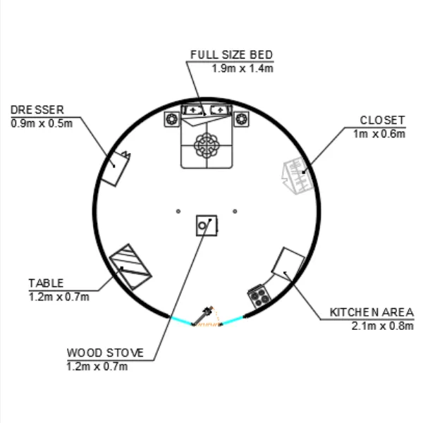Yurt floor plan for yurt size comparison - 22ft / 6.7 meter yurt