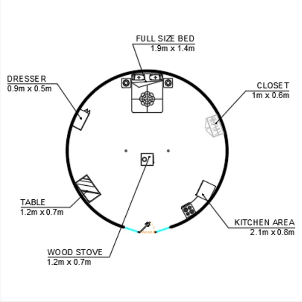 Yurt floor plan for yurt size comparison - 26ft / 7.9 meter yurt