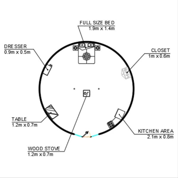 Yurt floor plan for yurt size comparison - 29ft / 8.8 meter yurt