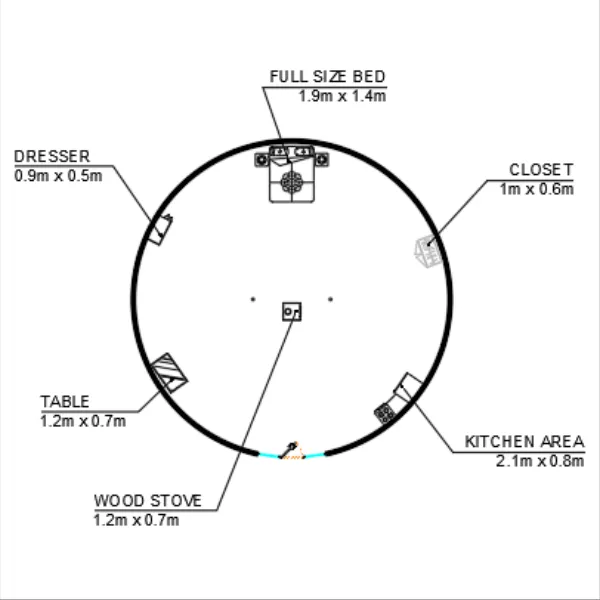 Yurt floor plan for yurt size comparison - 36ft / 11 meter yurt