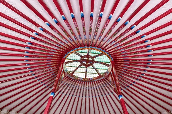 Oil based interior A yurt painted with red color and decorated with traditional patterns