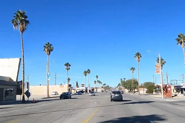 Street in desert town with Palm trees