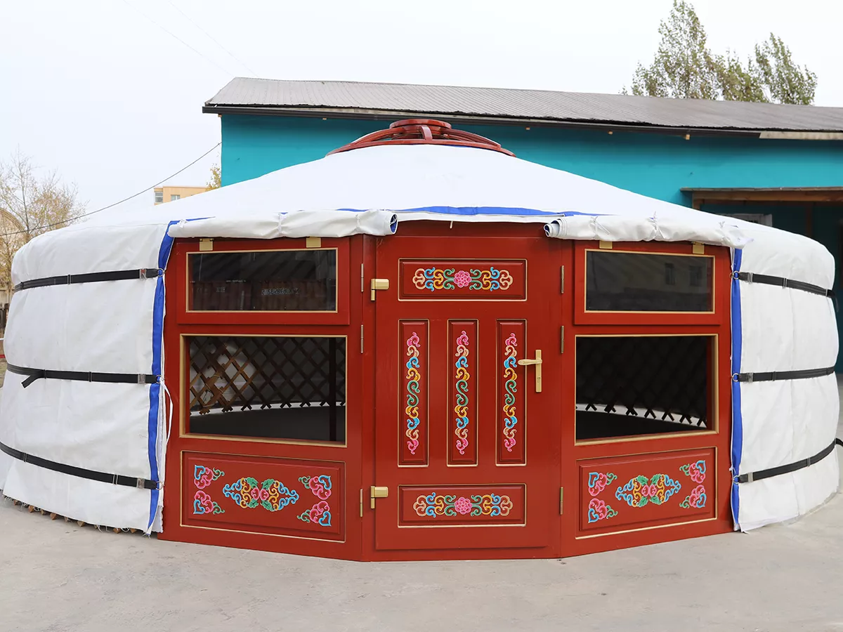 Exterior of yurt with oil-based painting.